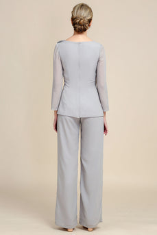 Grey Long Sleeves 2 Piece Mother of the Bride Pant Suits