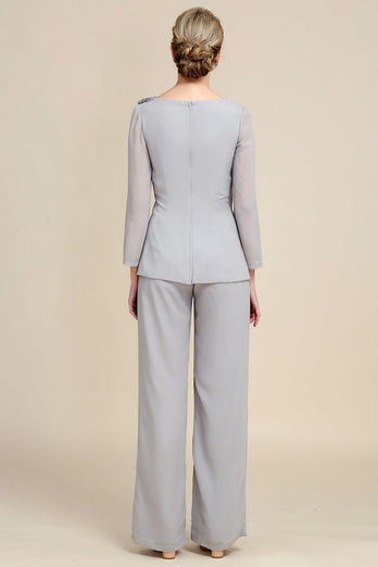 Grey Long Sleeves 2 Piece Mother of the Bride Pant Suits