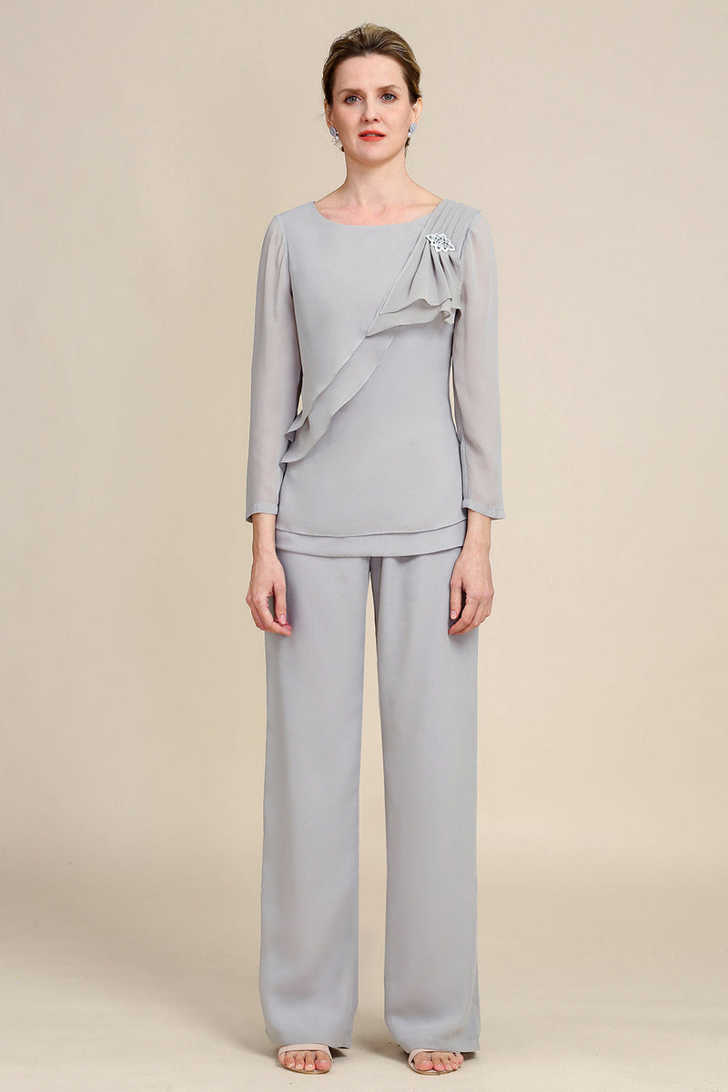 Load image into Gallery viewer, Grey Long Sleeves 2 Piece Mother of the Bride Pant Suits