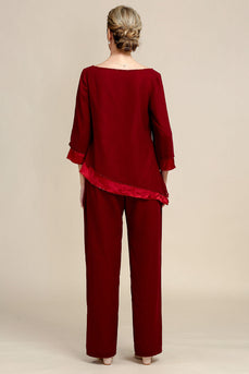 Burgundy Long Sleeves 2 Piece Mother of the Bride Pant Suits