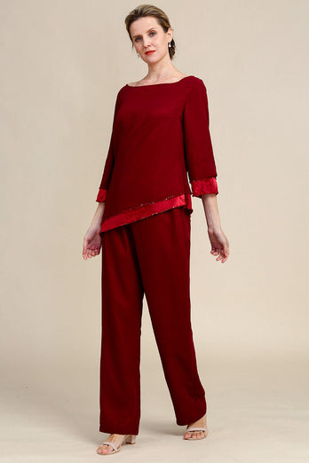 Burgundy Long Sleeves 2 Piece Mother of the Bride Pant Suits
