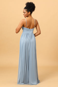 Dusty Blue A-Line Long Chiffon Bridesmaid Dress with Slit