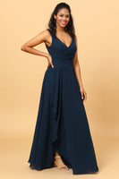 Load image into Gallery viewer, Navy V-Neck Chiffon Bridesmaid Dress with Ruffles