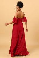 Load image into Gallery viewer, Burgundy Off the Shoulder Chiffon Bridesmaid Dress with Slit