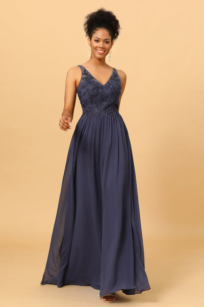 Twilight V-Neck Long Chiffon Bridesmaid Dress with Lace