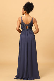 Twilight V-Neck Long Chiffon Bridesmaid Dress with Lace