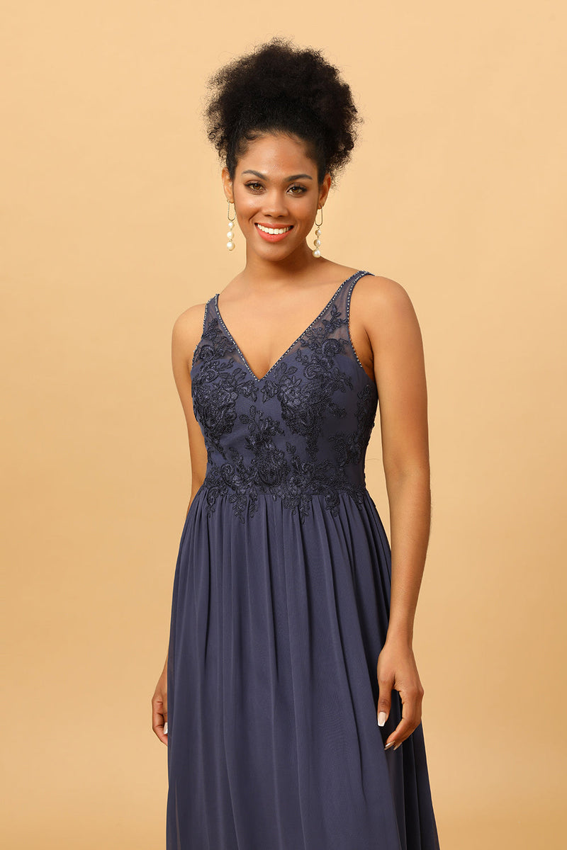 Load image into Gallery viewer, Twilight V-Neck Long Chiffon Bridesmaid Dress with Lace