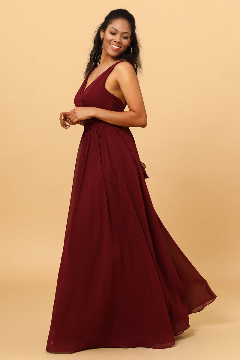 Load image into Gallery viewer, A-line Chiffon Burgundy Bridesmaid Dress