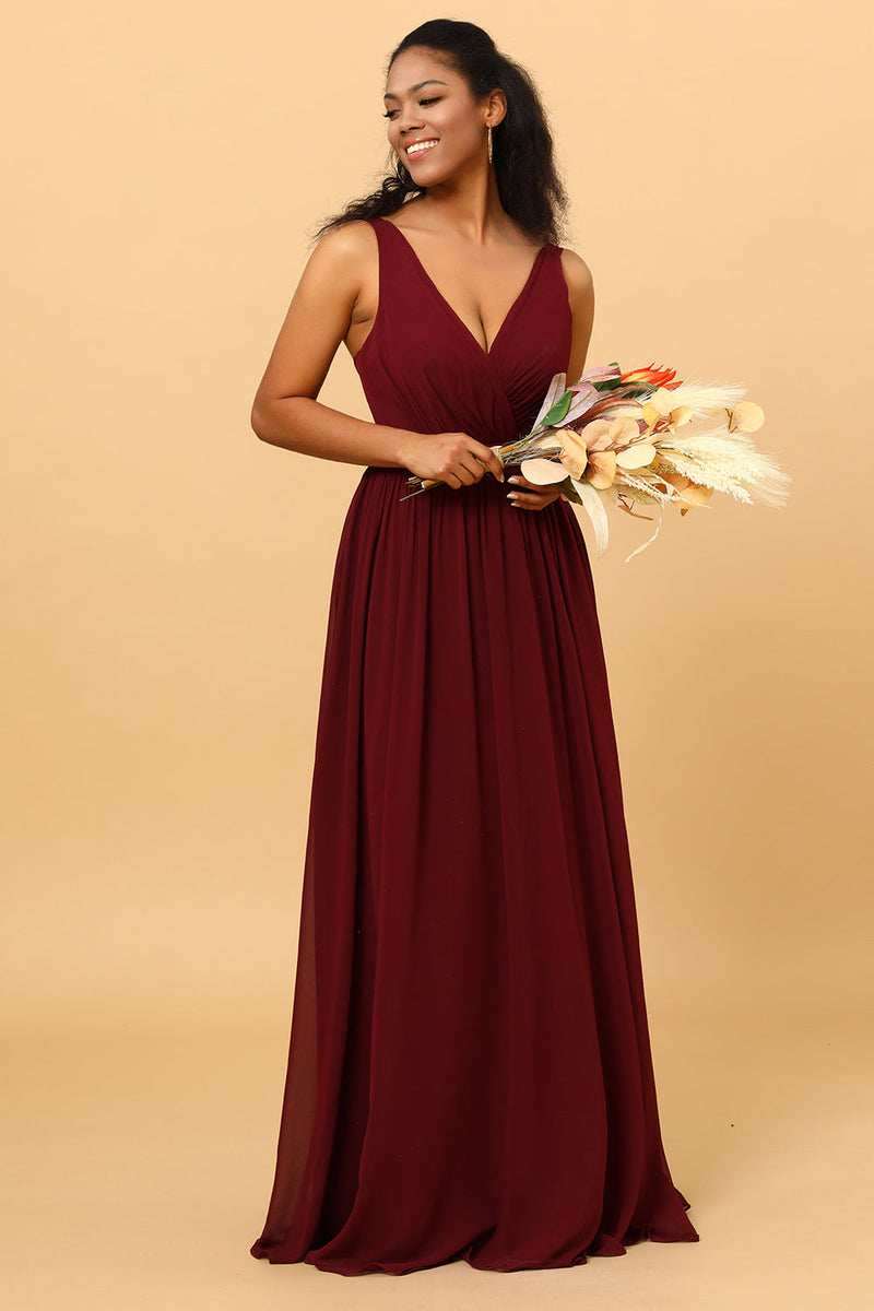 Load image into Gallery viewer, A-line Chiffon Burgundy Bridesmaid Dress