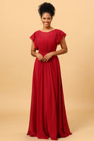 Load image into Gallery viewer, Chiffon Burgundy Bridesmaid Dress with Ruffles Sleeves
