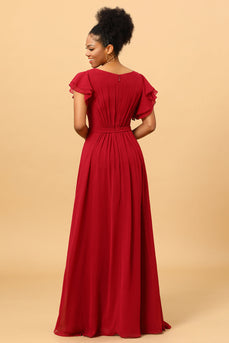 Chiffon Burgundy Bridesmaid Dress with Ruffles Sleeves