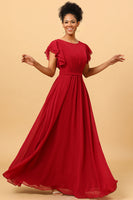 Load image into Gallery viewer, Chiffon Burgundy Bridesmaid Dress with Ruffles Sleeves