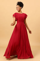 Load image into Gallery viewer, Chiffon Burgundy Bridesmaid Dress with Ruffles Sleeves