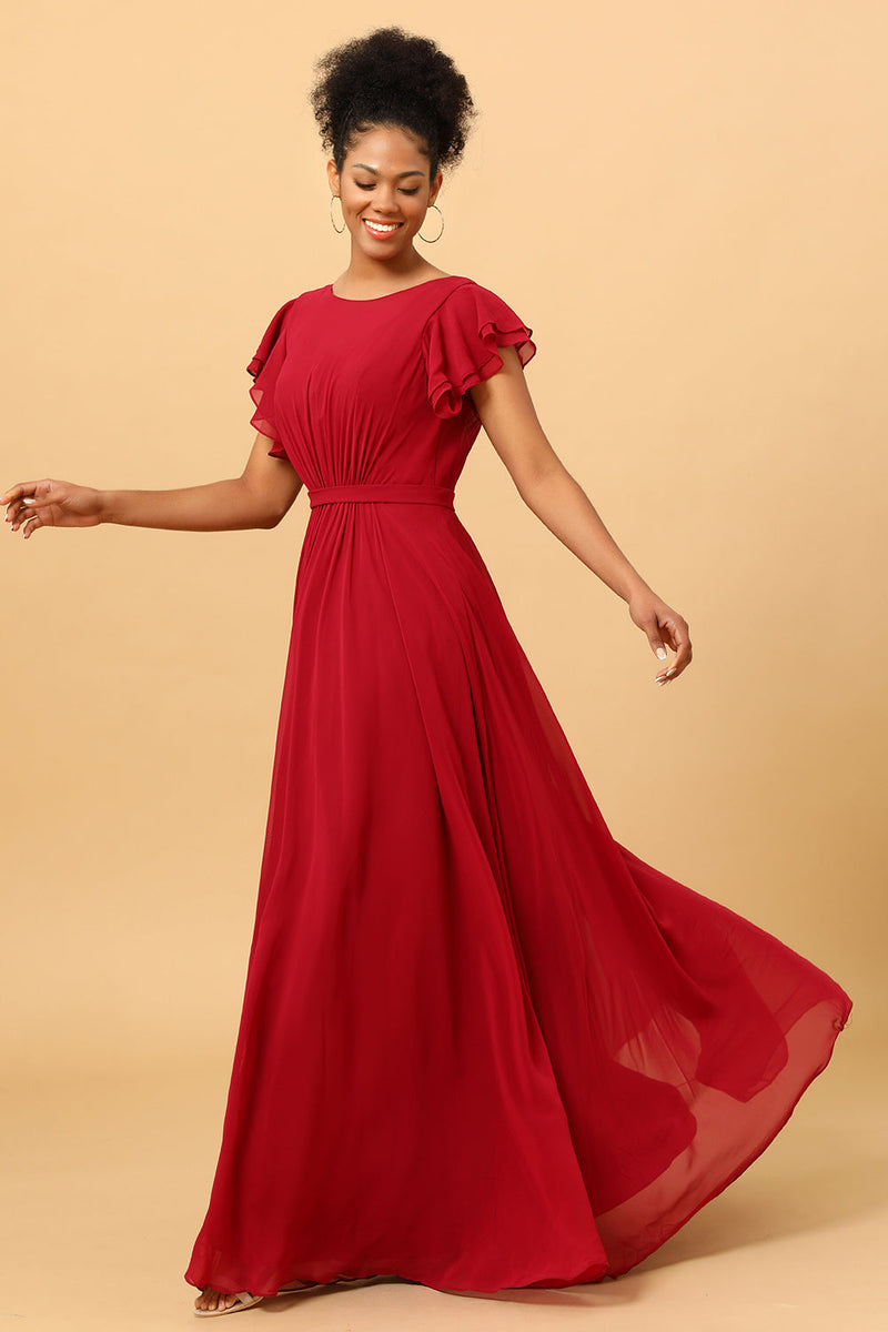 Load image into Gallery viewer, Chiffon Burgundy Bridesmaid Dress with Ruffles Sleeves