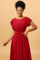 Load image into Gallery viewer, Chiffon Burgundy Bridesmaid Dress with Ruffles Sleeves