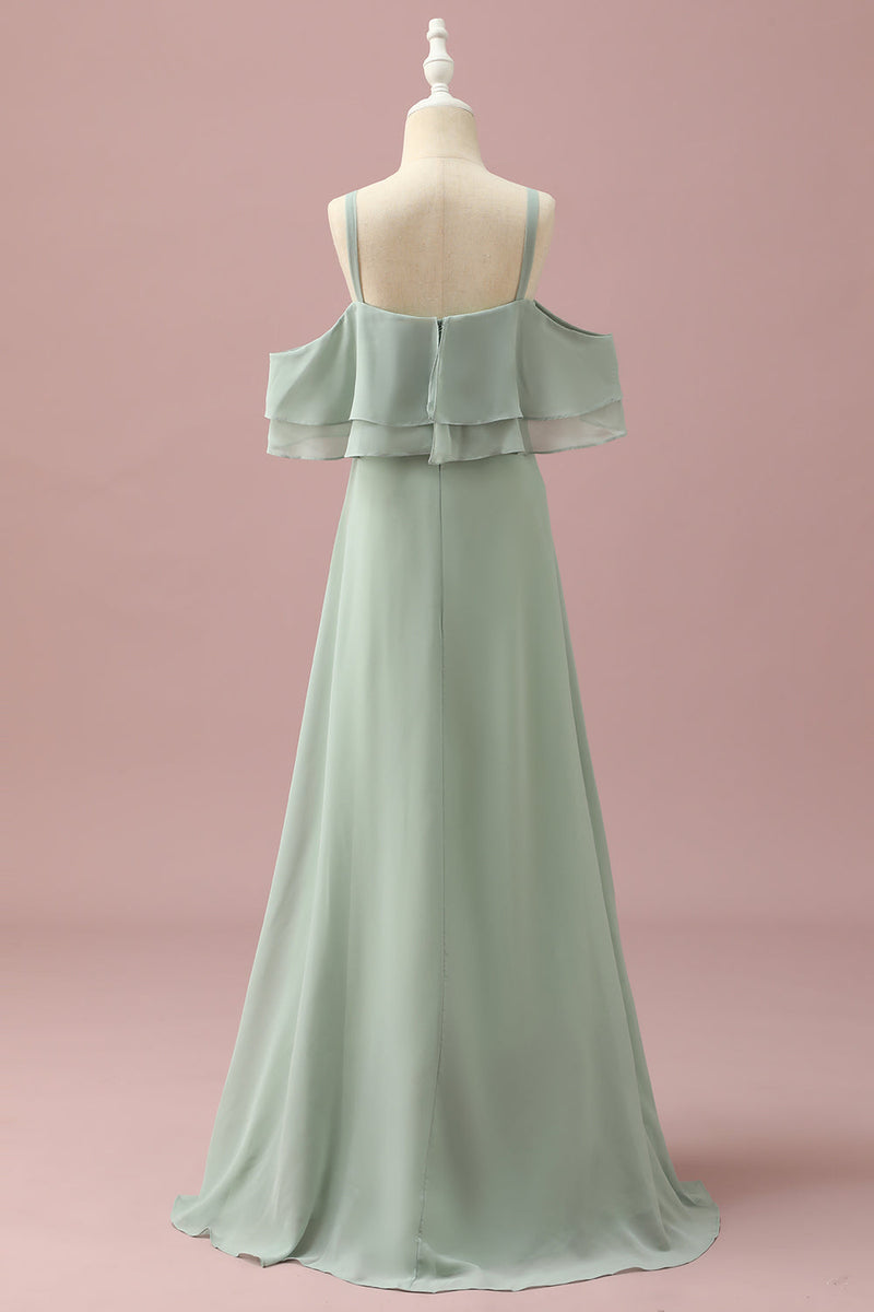 Load image into Gallery viewer, Sage Straps Cold Shoulder Chiffon Junior Bridesmaid Dress