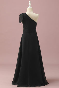 Black Chiffon One Shoulder A-Line Junior Bridesmaid Dress