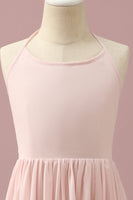 Load image into Gallery viewer, Light Pink Chiffon Halter High Low Junior Bridesmaid Dress