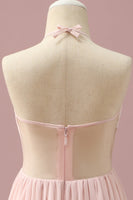 Load image into Gallery viewer, Light Pink Chiffon Halter High Low Junior Bridesmaid Dress