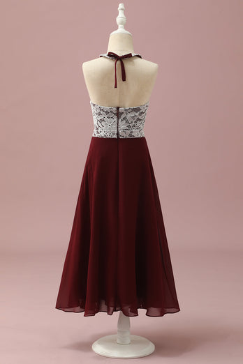 Burgundy Lace and Chiffon Halter Junior Bridesmaid Dress