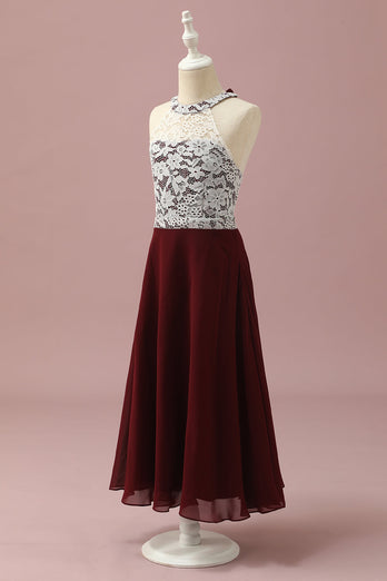 Burgundy Lace and Chiffon Halter Junior Bridesmaid Dress