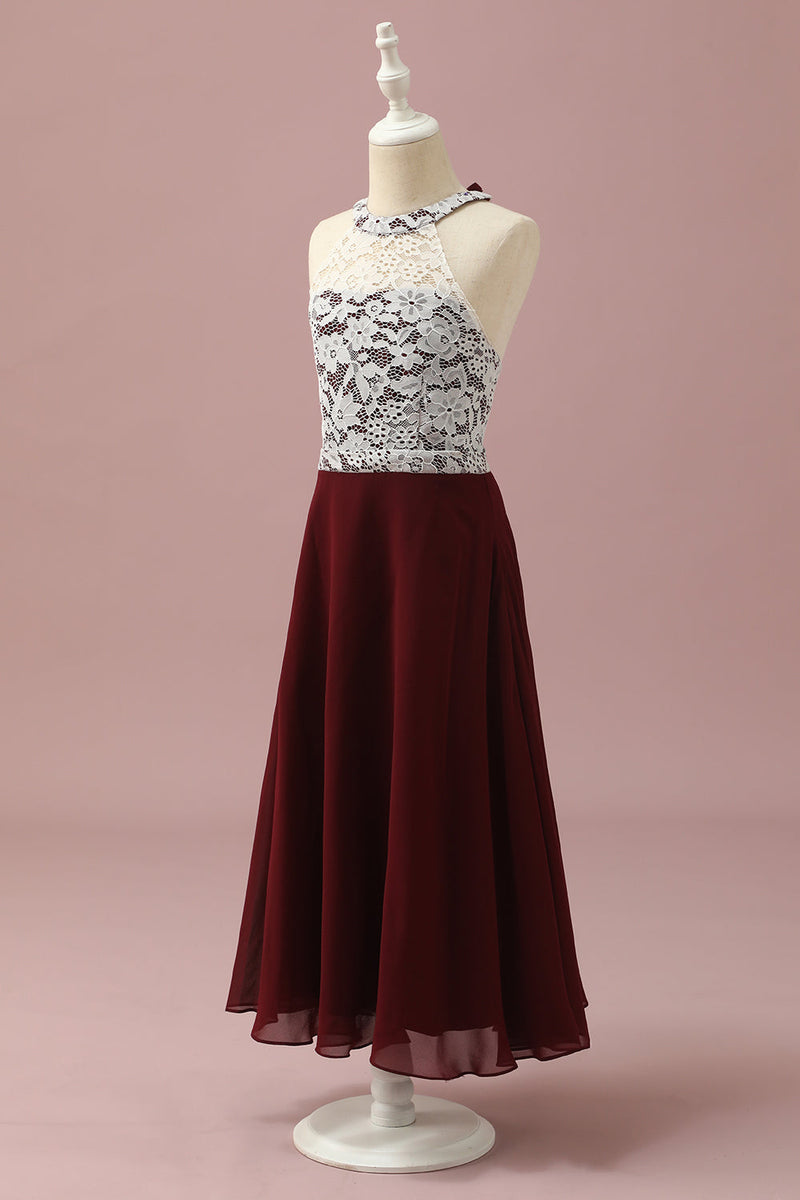 Load image into Gallery viewer, Burgundy Lace and Chiffon Halter Junior Bridesmaid Dress