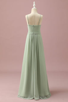 Sage Chiffon Round Neck Junior Bridesmaid Dress With Cascading Ruffles