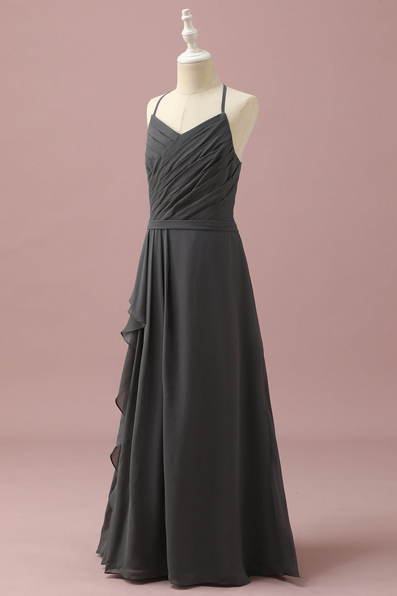 Load image into Gallery viewer, Black Halter Neck A-Line Junior Bridesmaid Dress With Cascading Ruffles