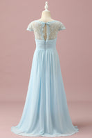 Load image into Gallery viewer, Light Blue Lace and Chiffon V-Neck Junior Bridesmaid Dress