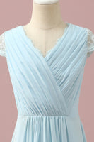 Load image into Gallery viewer, Light Blue Lace and Chiffon V-Neck Junior Bridesmaid Dress