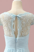 Load image into Gallery viewer, Light Blue Lace and Chiffon V-Neck Junior Bridesmaid Dress