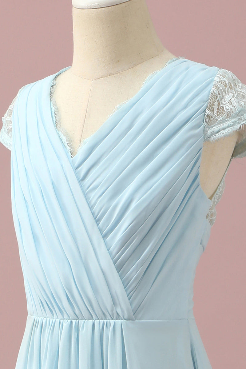 Load image into Gallery viewer, Light Blue Lace and Chiffon V-Neck Junior Bridesmaid Dress