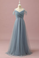 Load image into Gallery viewer, Grey Blue Cold Shoulder Tulle Junior Bridesmaid Dress