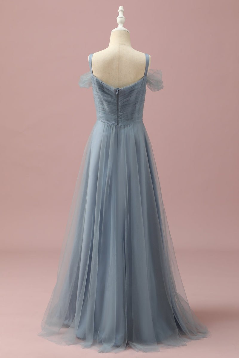 Load image into Gallery viewer, Grey Blue Cold Shoulder Tulle Junior Bridesmaid Dress