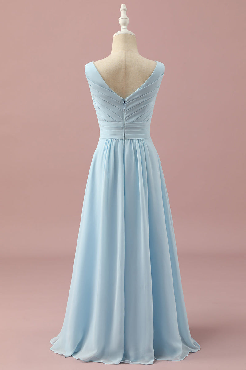 Load image into Gallery viewer, Light Blue V-Neck Chiffon Junior Bridesmaid Dress