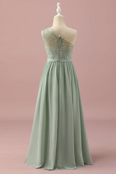 Green One Shoulder Lace and Chiffon Junior Bridesmaid Dress