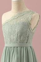 Load image into Gallery viewer, Green One Shoulder Lace and Chiffon Junior Bridesmaid Dress