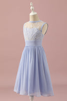 Load image into Gallery viewer, Light Purple Lace and Chiffon Short Junior Bridesmaid Dress