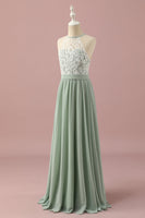 Load image into Gallery viewer, Green Lace and Chiffon Halter Junior Bridesmaid Dress