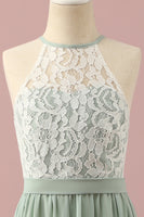 Load image into Gallery viewer, Green Lace and Chiffon Halter Junior Bridesmaid Dress