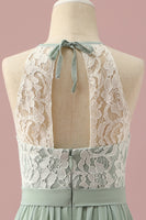 Load image into Gallery viewer, Green Lace and Chiffon Halter Junior Bridesmaid Dress