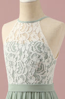 Load image into Gallery viewer, Green Lace and Chiffon Halter Junior Bridesmaid Dress