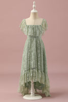 Load image into Gallery viewer, Green Lace Square Neck High Low Junior Bridesmaid Dress