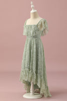 Load image into Gallery viewer, Green Lace Square Neck High Low Junior Bridesmaid Dress