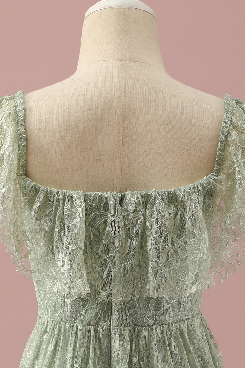 Load image into Gallery viewer, Green Lace Square Neck High Low Junior Bridesmaid Dress