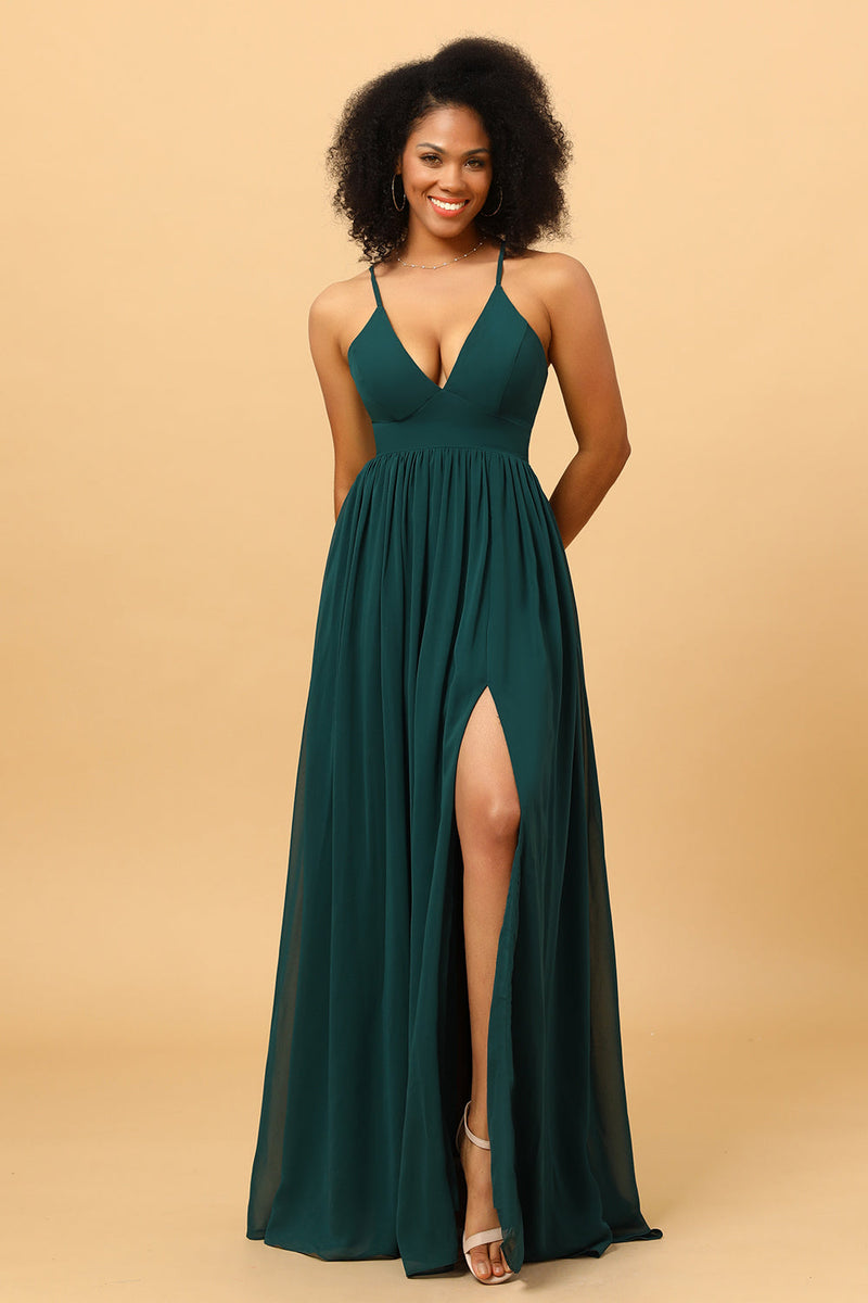 Load image into Gallery viewer, Pine A Line Lace-Up Back Chiffon Bridesmaid Dress with Slit