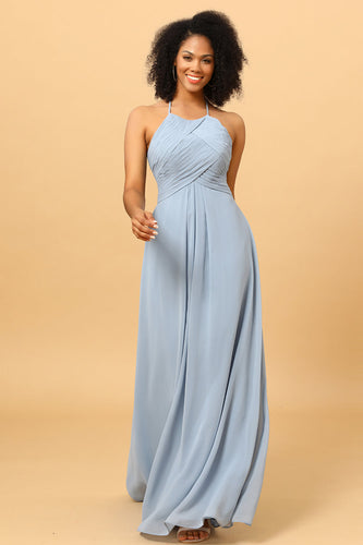 Dusty Blue Sheath Halter Open Back Long Chiffon Bridesmaid Dress