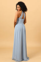 Load image into Gallery viewer, Dusty Blue Sheath Halter Open Back Long Chiffon Bridesmaid Dress