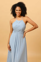 Load image into Gallery viewer, Dusty Blue Sheath Halter Open Back Long Chiffon Bridesmaid Dress
