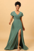 Load image into Gallery viewer, Eucalyptus A Line V-Neck Ruched Long Chiffon Bridesmaid Dress with Slit